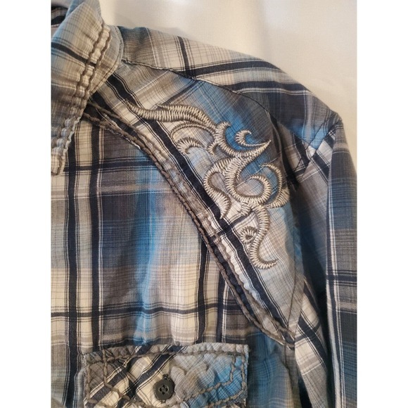 CJ Black Men's Size Large Button Up Plaid Shirt‎ Blue Gray Long Sleeve Slim Fit - Picture 3 of 15